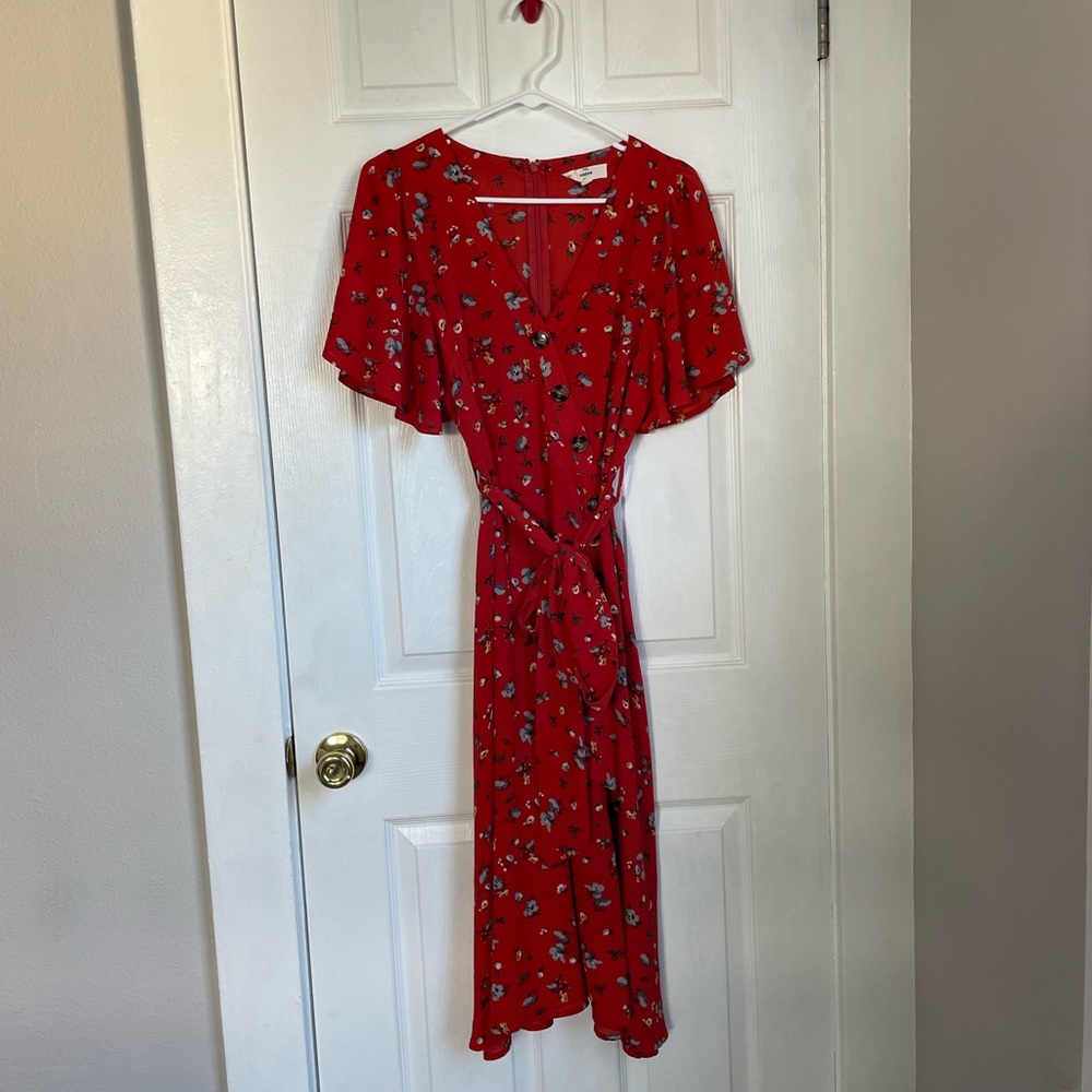 Anthropologie Entro red floral midi dress formal evening wedding buttons small